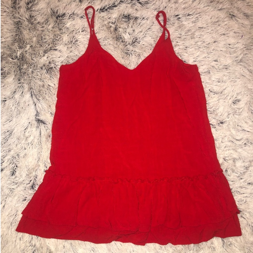 Red mini dress with ruffle hem & spaghetti straps